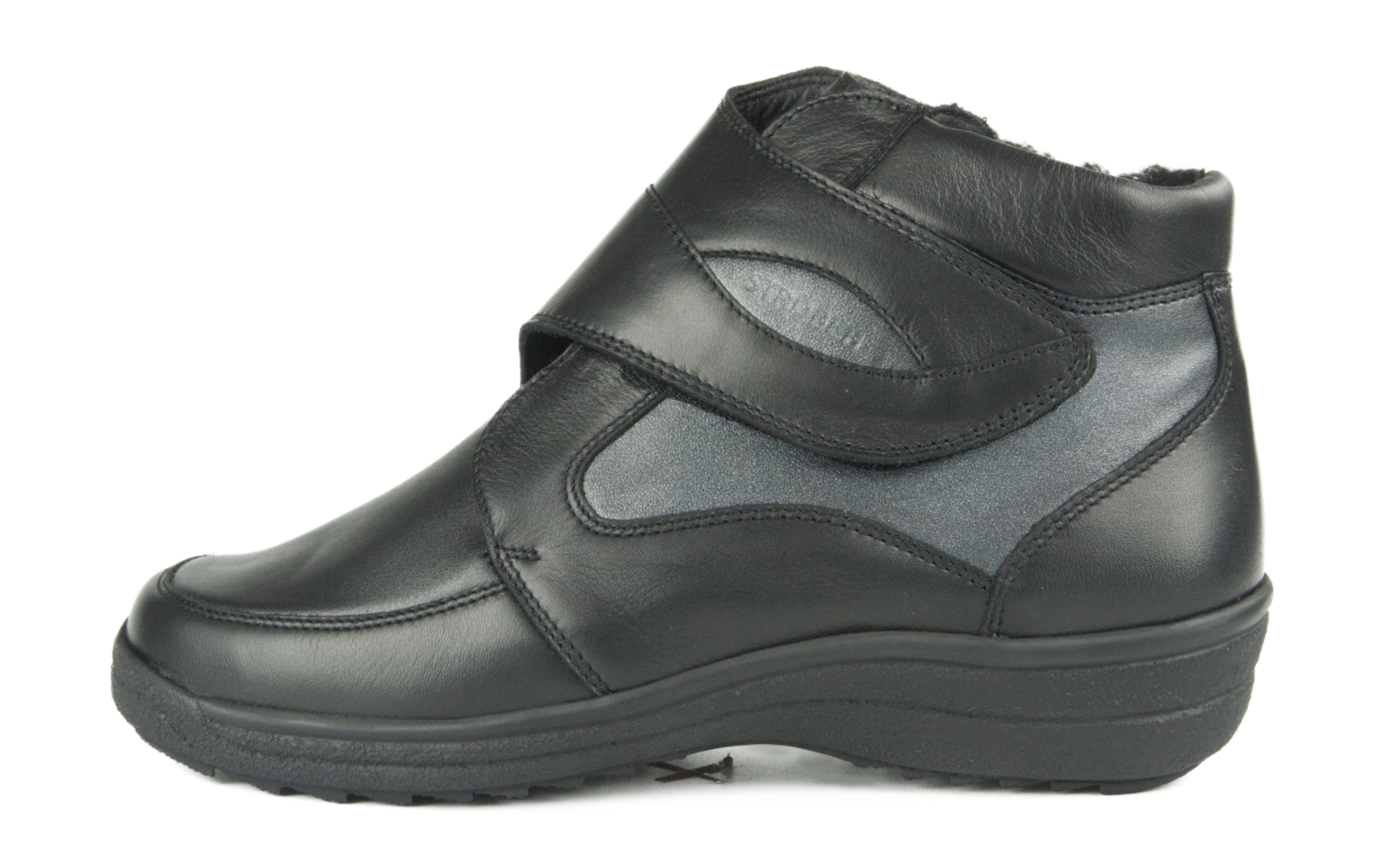 Schwarze STEFFI Nappa+StretchPerlato Schuhe mit eleganter Lava-Optik, seitlich auf einem neutralen Hintergrund positioniert.