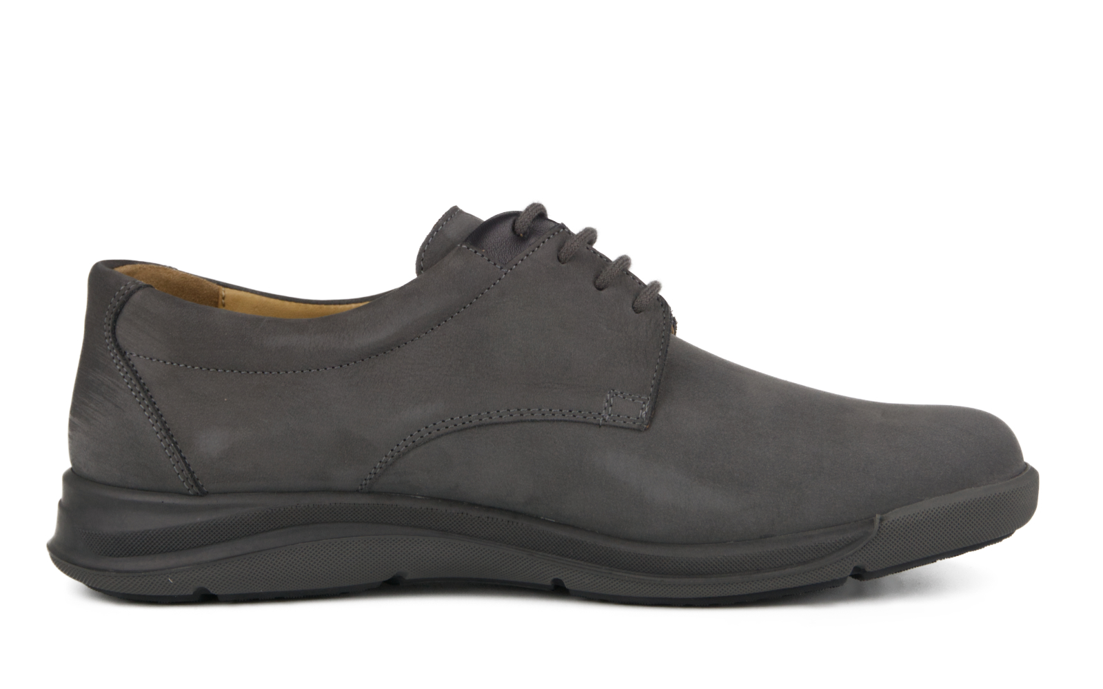 PHIL Nubuk Schuh in granit und schwarz, seitlich auf einem hellen Untergrund abgebildet, zeigt die hochwertige Verarbeitung und das moderne Design.