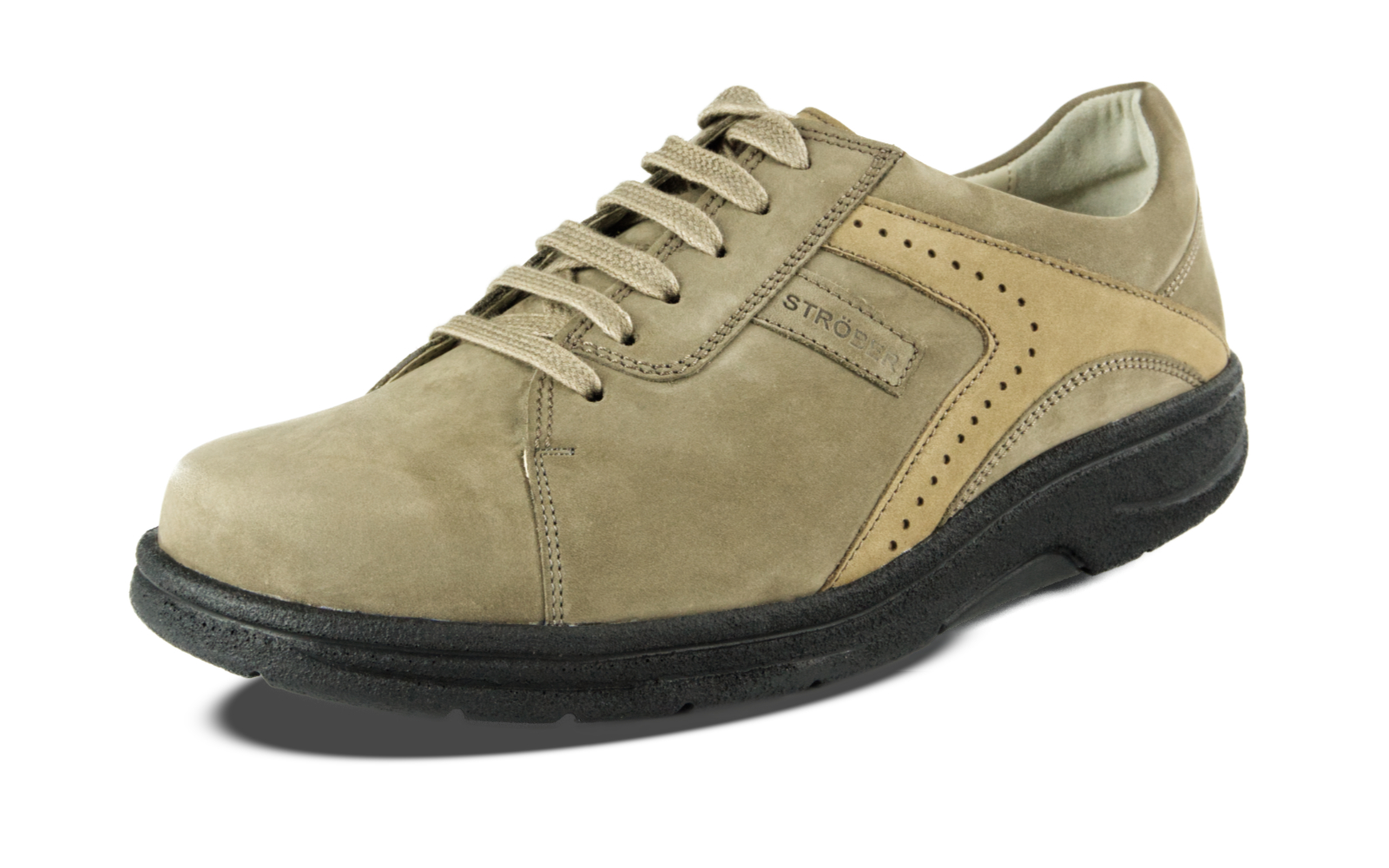 Der MALIO Nubuk in smoke+stone steht auf einem hellen Hintergrund und zeigt seine elegante Form mit weichem Nubuk-Material.