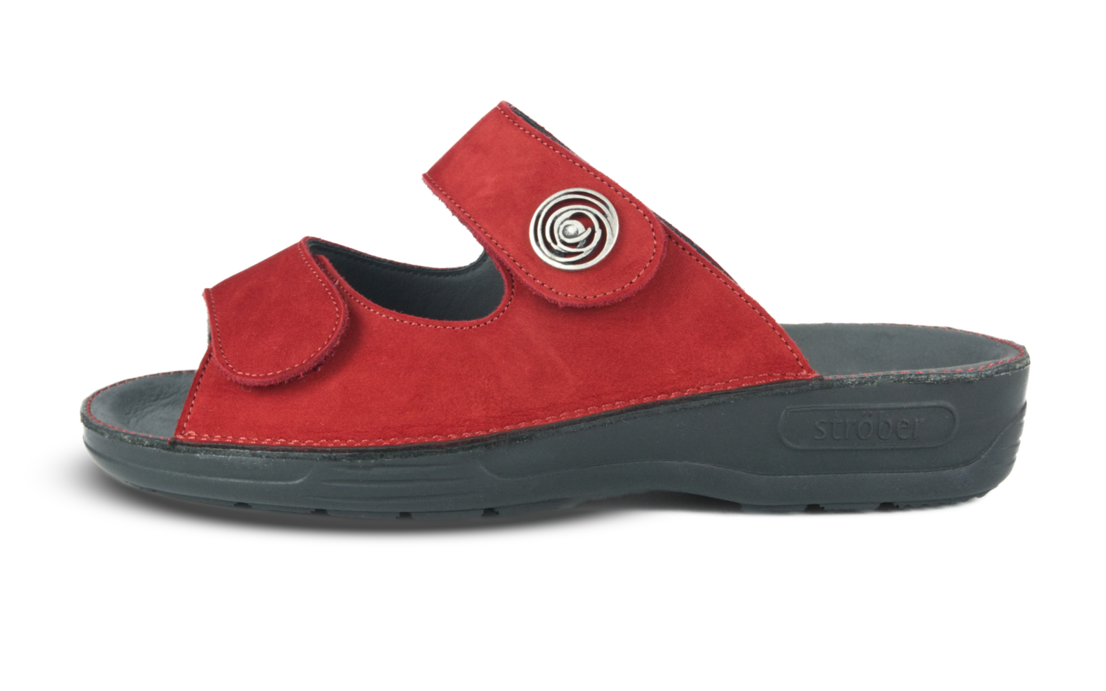 Der rote Nubuk-Schuh ANNA steht auf einem hellen Untergrund, mit elegantem Design und einem femininen Schnitt.