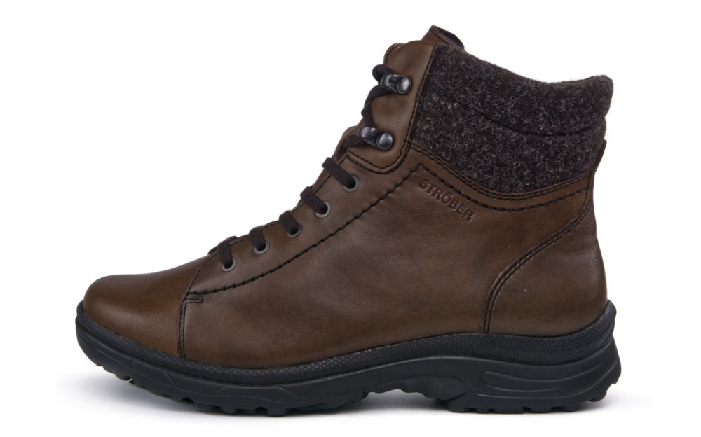 Braune RONJA NappaAntik Schuhe mit Wollfutter, elegant platziert auf einem neutralen Hintergrund.