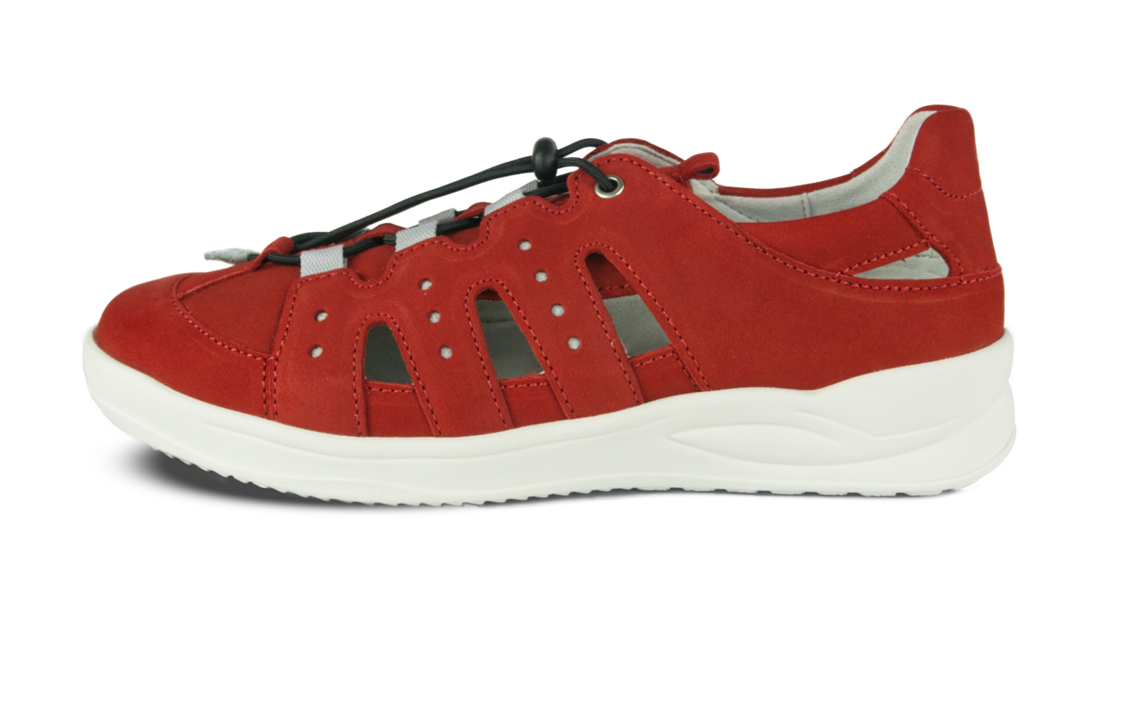 KLARISSA Nubuk in rot Ein roter KLARISSA Nubuk Schuh von der Seite, mit eleganten Linien und einem bequemen Design, auf einem neutralen Hintergrund.