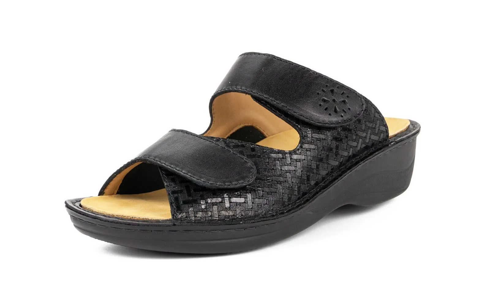Schwarzer INA StretchNappa VelCross Schuh mit Anti-Rutsch-Pads, elegant und vielseitig, aus verschiedenen Blickwinkeln abgebildet.
