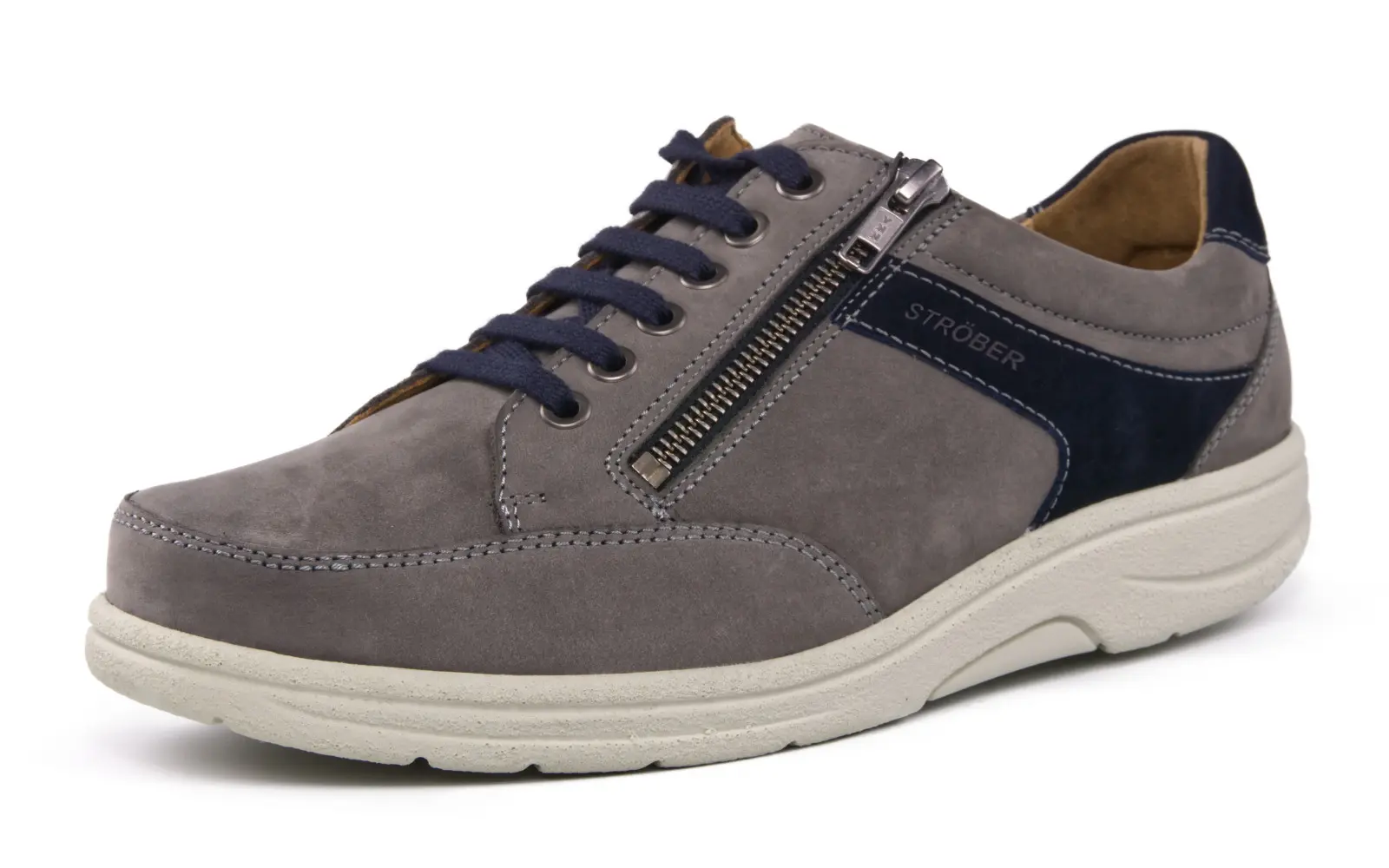 MALCOLM Nubuk in grey+marine, elegant und sportlich, seitlich auf einem neutralen Hintergrund präsentiert.