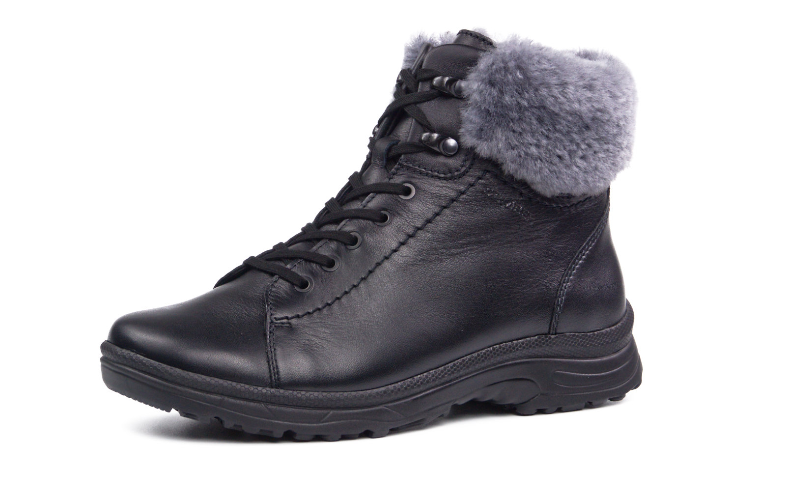 RONJA Nappa in schwarz, Lammfell, Winterstiefel, schwarzes Leder, Kunstfellkragen, Schnürung, Profilsohle