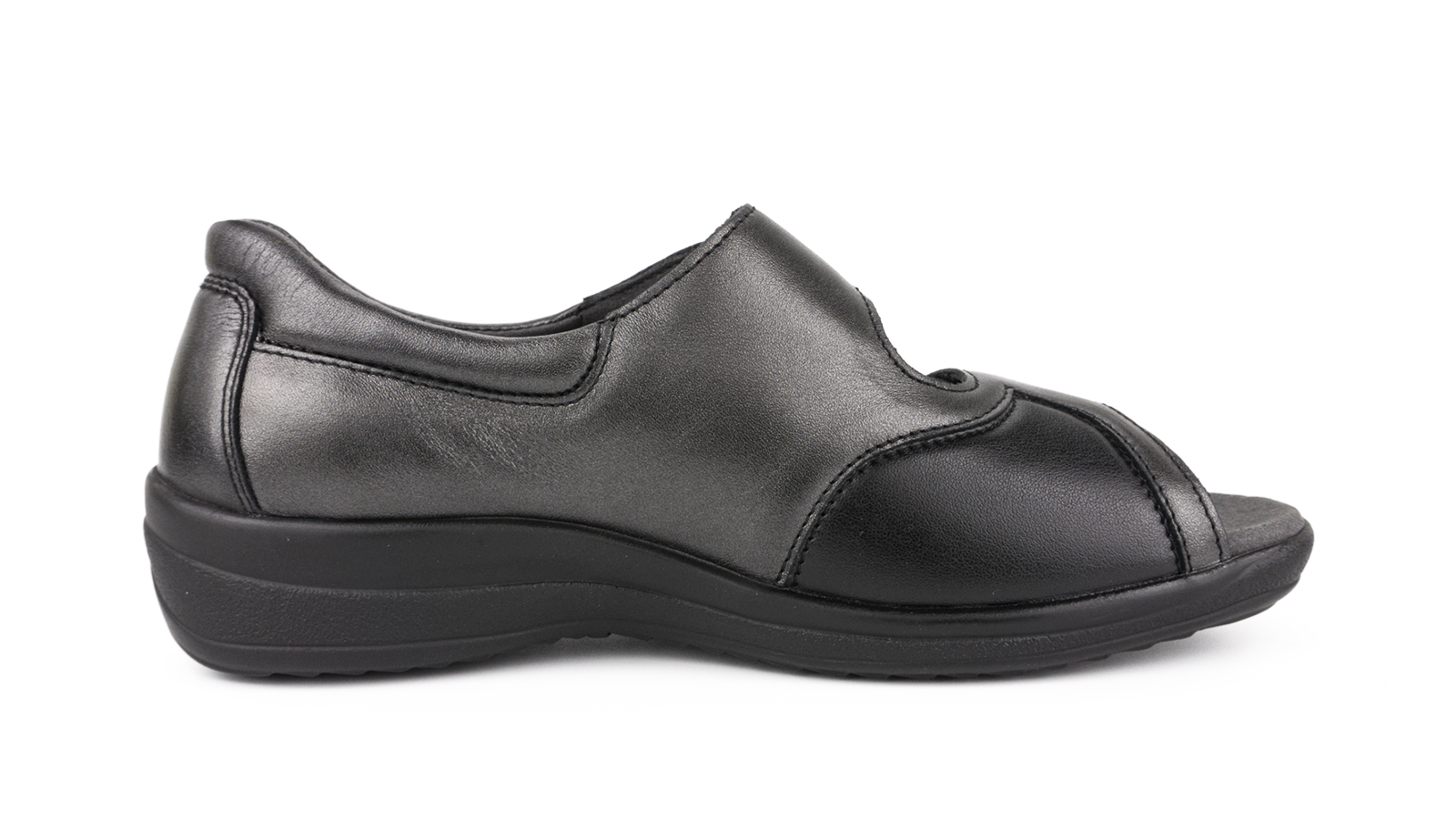 HANKA, Perlato+StretchNappa in metall schwarz, seitliche Ansicht des Schuhs auf neutralem Hintergrund. Elegant und modern.