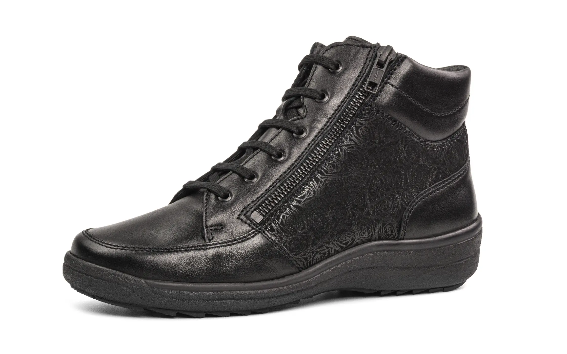 SENTA Nappa+LammVeloursRose in Schwarz, seitlich präsentiert, mit eleganter Form und hochwertigen Materialien.