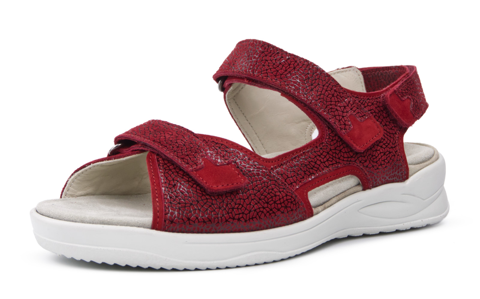 Rote KASSANDRA LammVelour+Nubuk Schuhe side-on Ansicht, elegant und modern, mit feiner Textur und zeitlosem Design.