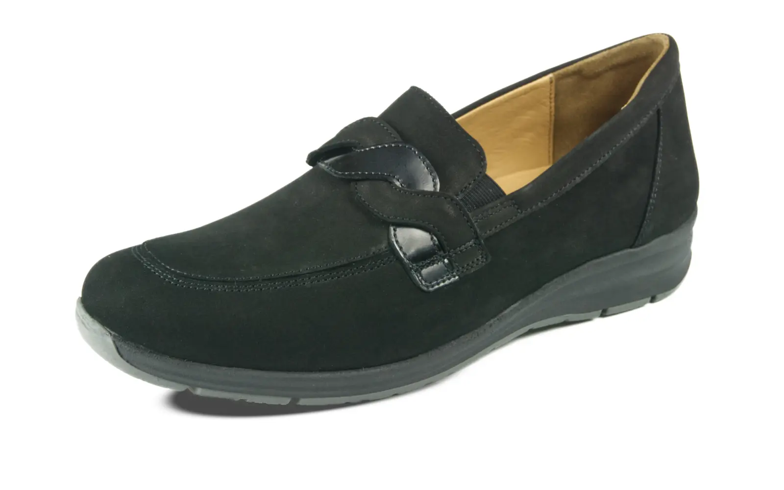 Schwarze CAMILLA Nubuk Schuhe in seitlicher Sicht, elegant und modern auf einem neutralen Hintergrund platziert.
