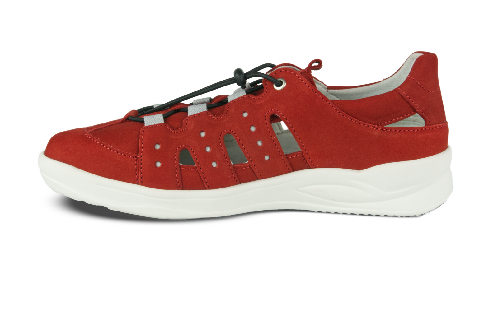 Der Schuh KLARISSA Nubuk in Rot steht auf einem hellen Hintergrund, zeigt eine elegante Form und hochwertige Materialien.