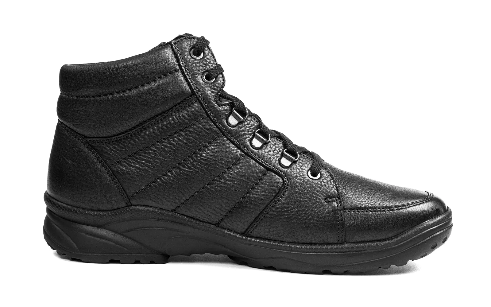 Der SAMUEL SoftCalf Schuh mit Lammfellfutter in schwarz steht auf einem hellen Untergrund und zeigt seine stilvolle, bequeme Gestaltung.