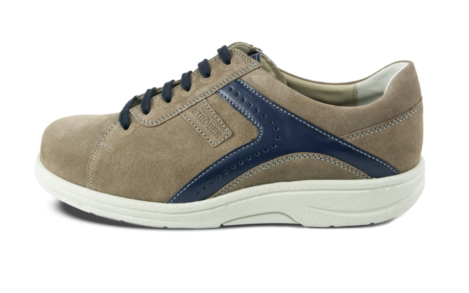MALIO Velour in erde+marine, seitliche Ansicht der Schuhe, die aus hochwertigem Veloursleder gefertigt sind und eine bequeme Passform bieten.