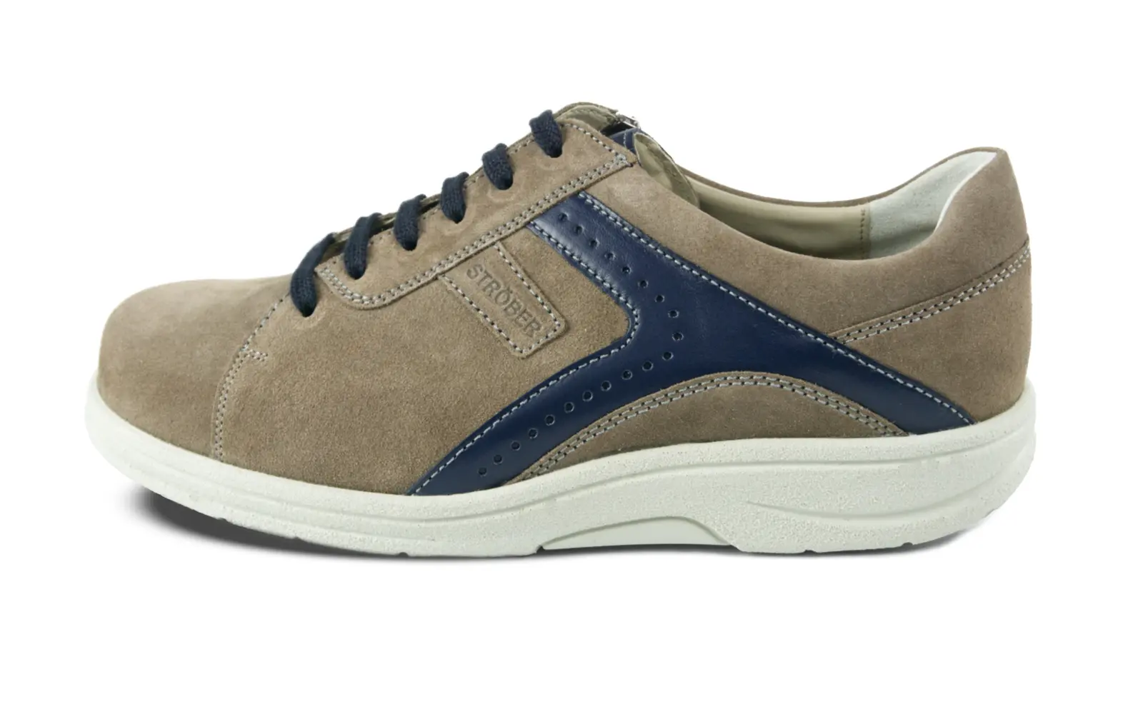 MALIO Velour in erde+marine, seitliche Ansicht der Schuhe, die aus hochwertigem Veloursleder gefertigt sind und eine bequeme Passform bieten.