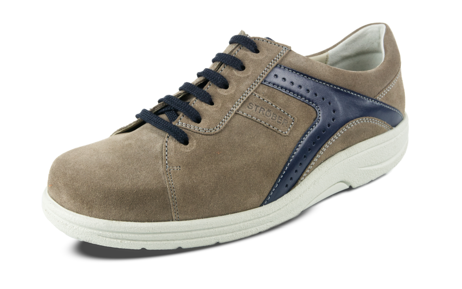 Der MALIO Velour Schuh in erde und marine liegt auf einer hellen Fläche und zeigt seine weiche Velours-Oberfläche und sportliche Silhouette.