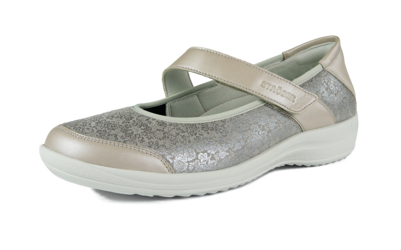 Der schicke Schuh MEL StretchFlower+Perlato in Marmor ist elegant auf einem neutralen Hintergrund platziert, der die Details hervorhebt.