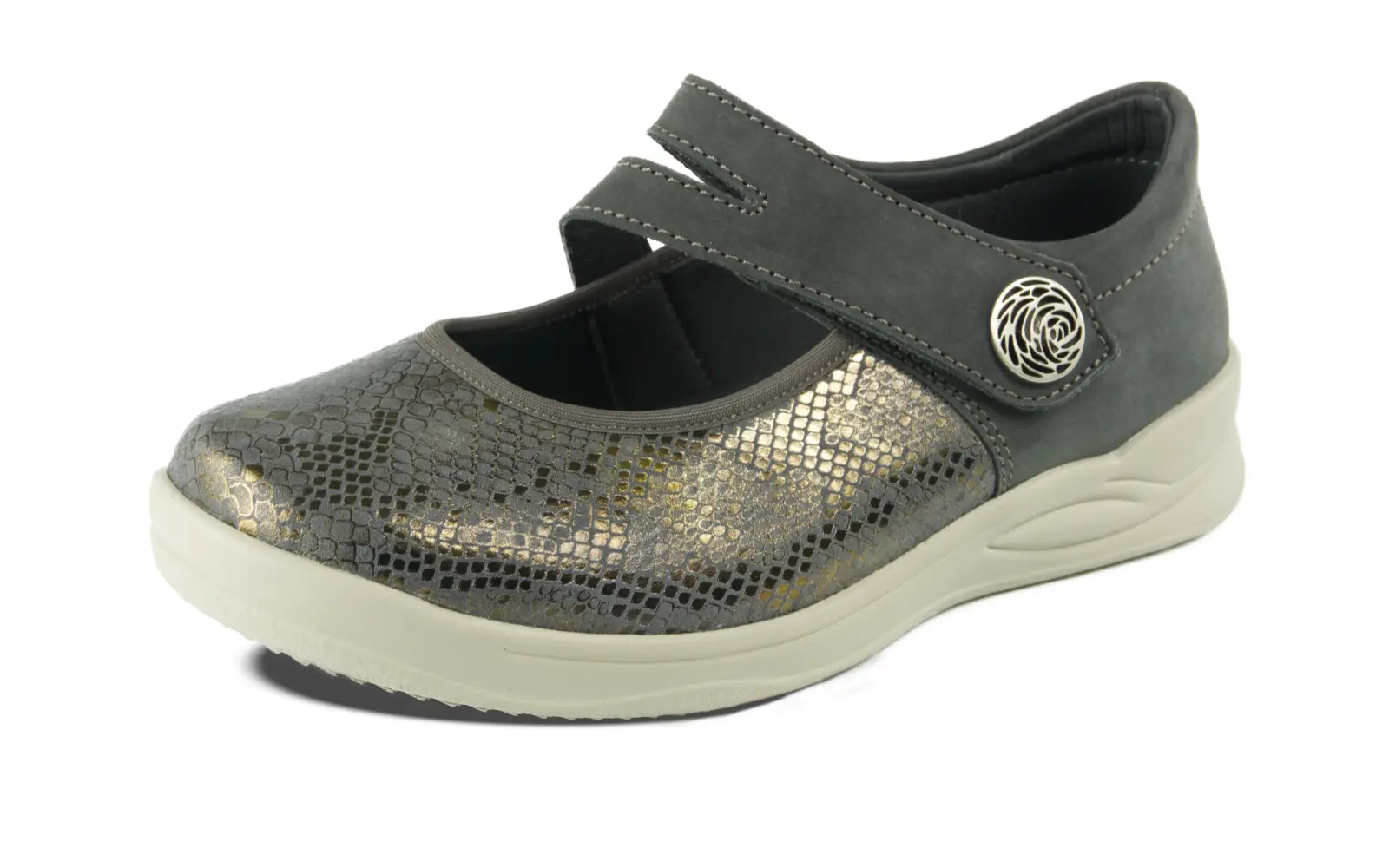 Der KIM StretchReptil+Nubuk Schuh in granit steht auf einem hellen Untergrund und zeigt seine elegante Textur und das schicke Design.