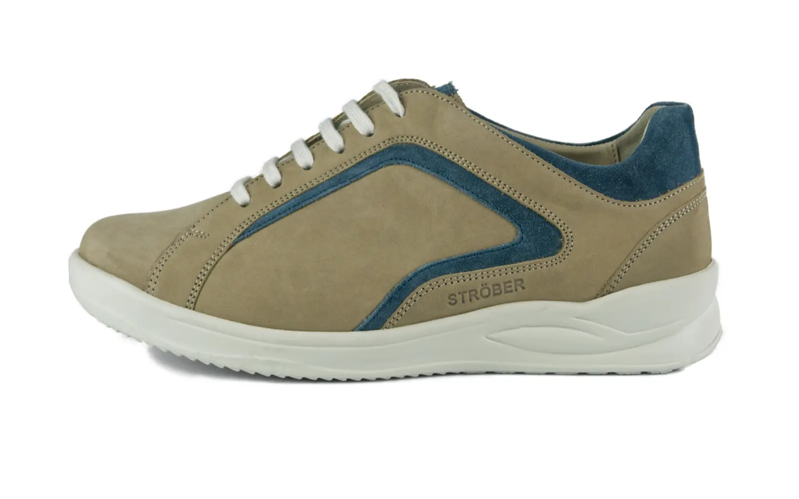 KAYA Nubuk+Velour Schuhe in kiesel und jeans, seitlich auf einem weißen Hintergrund präsentiert.