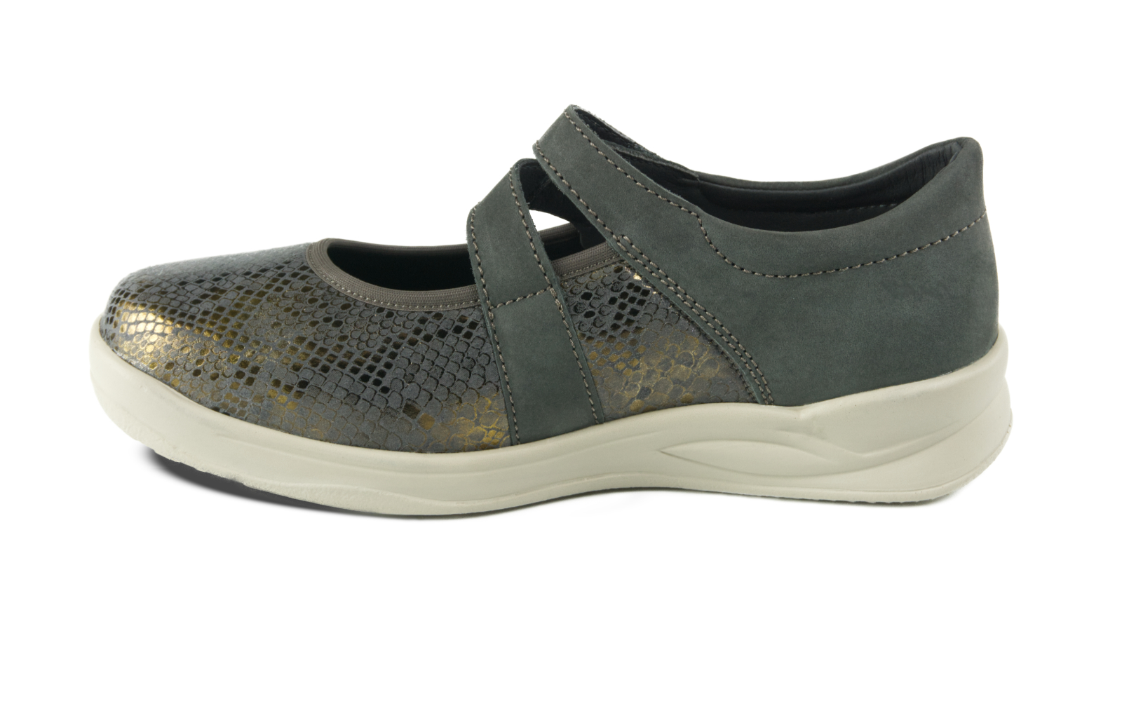 Der KIM StretchReptil+Nubuk Schuh in Granit zeigt sich elegant auf einem hellen Untergrund, betont durch seine hochwertige Materialkombination.