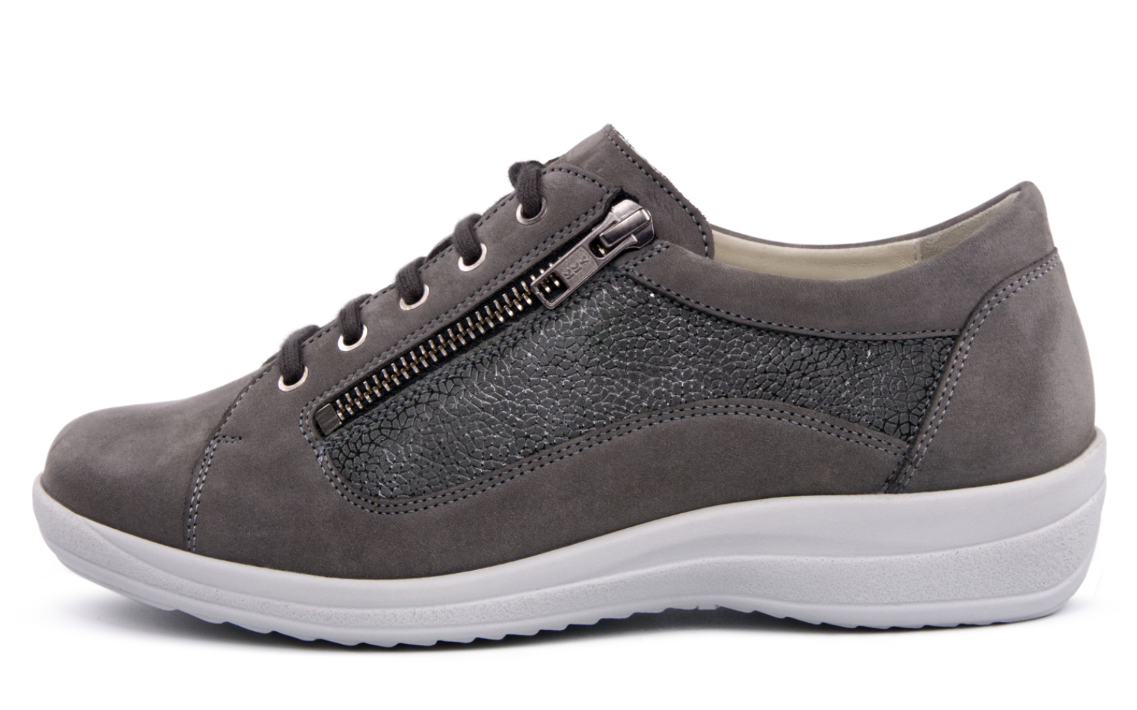 75058H_3+66_211.jpg MICHAELA, Nappa+LammVelourLeaf in grey, Sneaker, Zipper-Detail, Lederoptik, Grau, Schnürschuh, Sneaker, Grau, Gepolsterte Zunge, Reißverschluss, Sohle, Sneaker, Herren Schuh, Grau, Kunstleder, Reißverschluss-Details