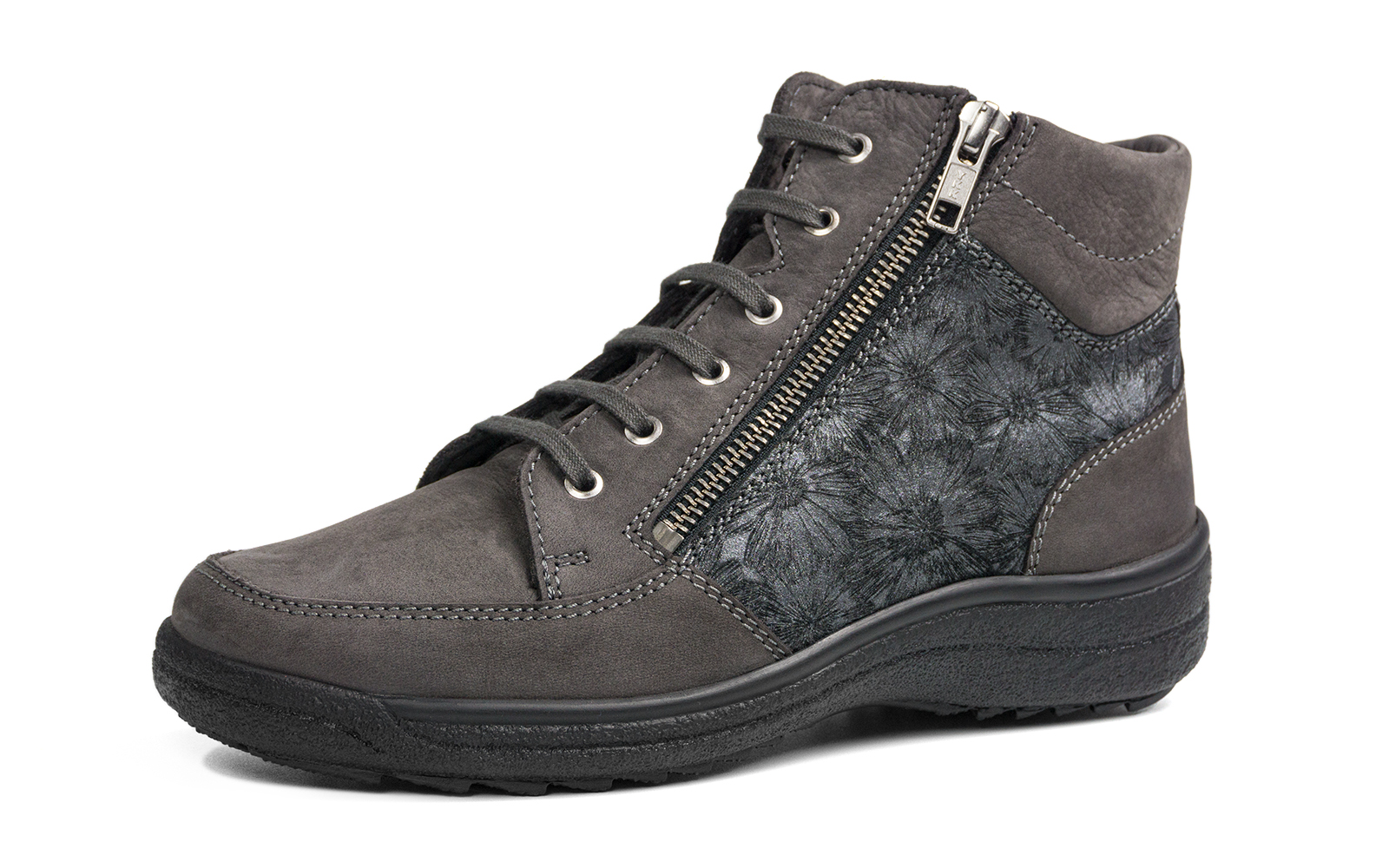 SENTA NubukVelour Schuhe in grau mit Wollfutter, stabil auf der Unterlage positioniert, seitliche Perspektive.