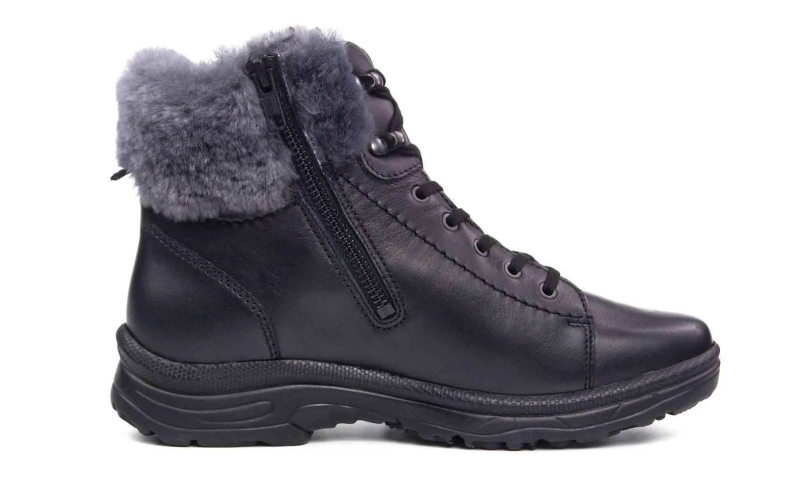 RONJA Nappa in schwarz, Lammfell, Winterstiefelette, schwarzes Leder, Kunstfellkragen, Schnürung, Reißverschluss