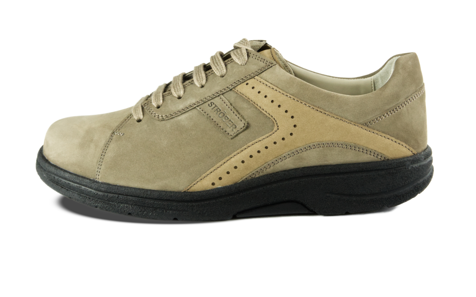Der MALIO Nubuk Schuh in smoke+stone ist seitlich auf einem hellen Untergrund platziert, mit einem eleganten und modernen Design.
