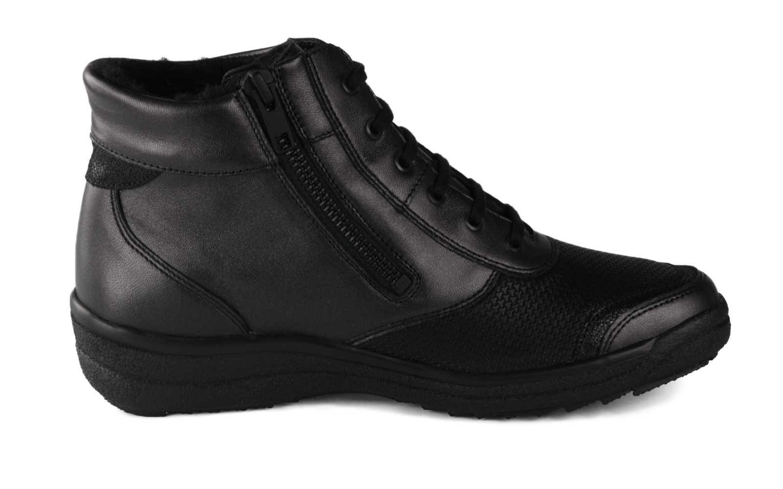 NICOLE LammPerlato+StretchTetra in anthrazit+schwarz, Schwarzer Stiefel, Knöchelhoch, Seitlicher Reißverschluss, Schnürung, Strukturierte Zehenpartie, Knöchelstiefel, Schwarz, Reißverschluss, Schnürung, Strukturierte Zehenpartie