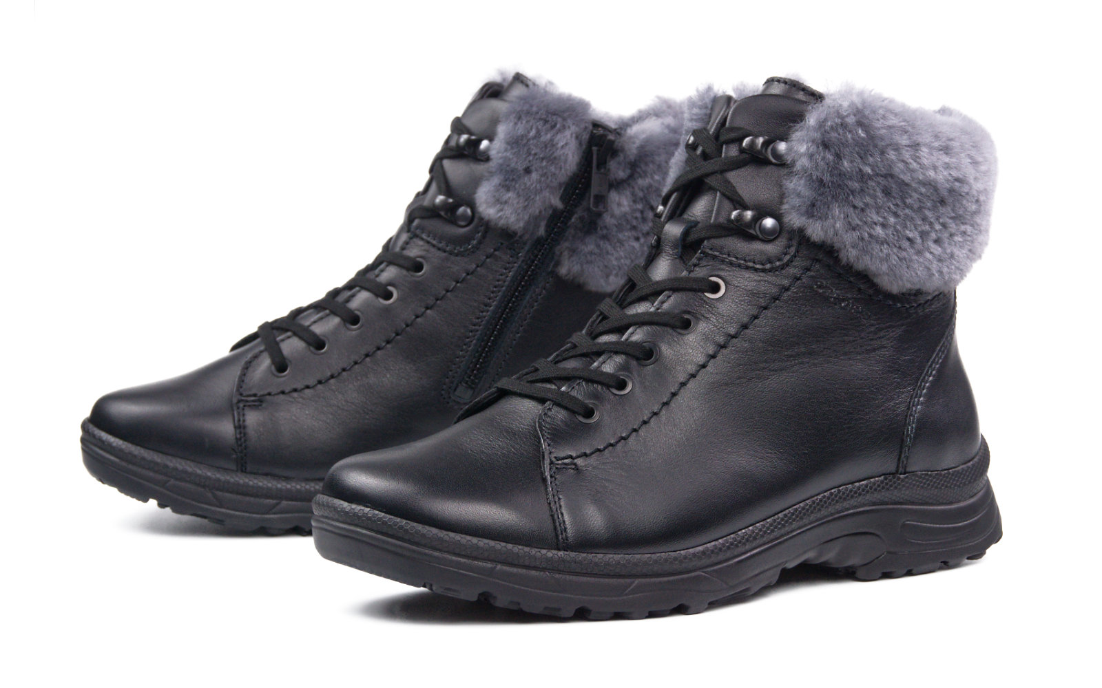 RONJA Nappa in schwarz, Lammfell, Damenstiefel, schwarzes Leder, Kunstfellfutter, Schnürung, Reißverschluss