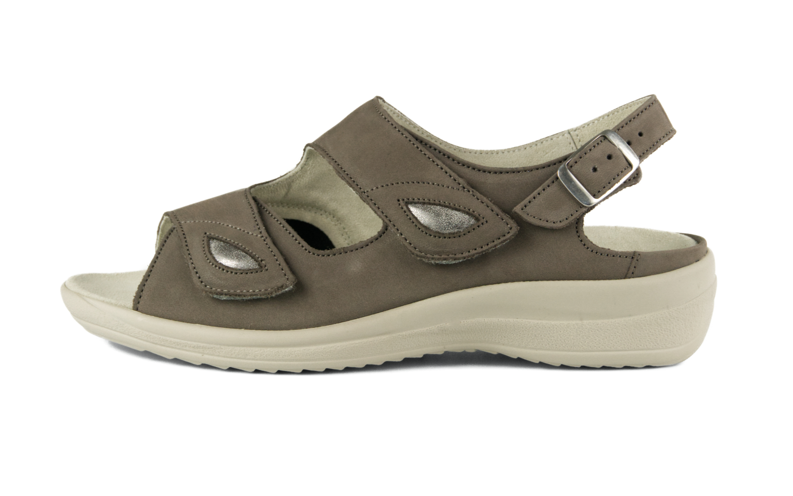 Der Schuh HELGA Nubuk+StretchUsed in Grau liegt elegant auf einer neutralen Oberfläche, ideal für komfortable Alltagslooks.
