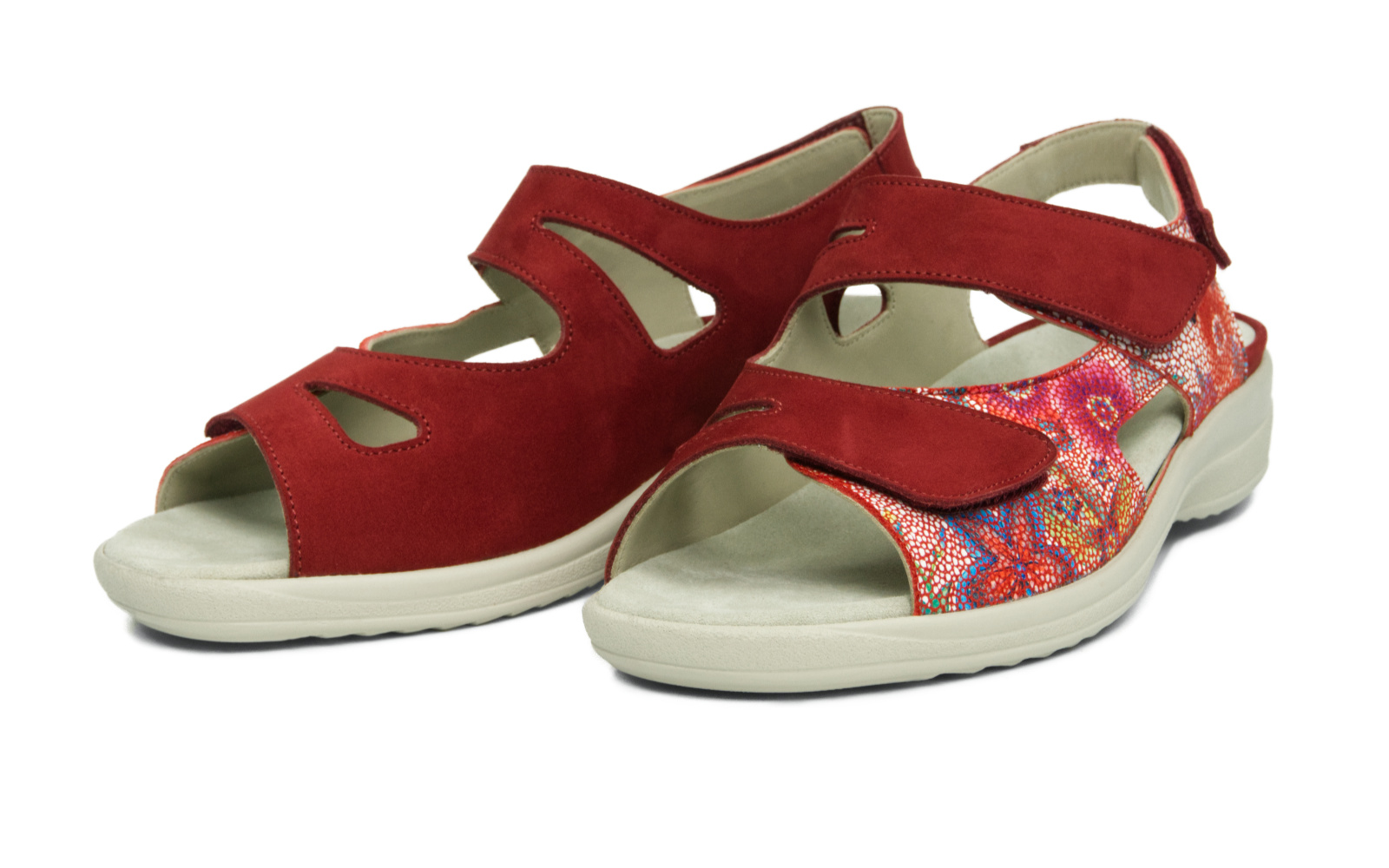 HOLLY Nubuk+VeloursFlower in rot HOLLY Nubuk+VeloursFlower in rot, Sandalen, Rote Sandalen, Leder-Sandalen, Sandalen mit Muster, Offene Schuhkonstruktion