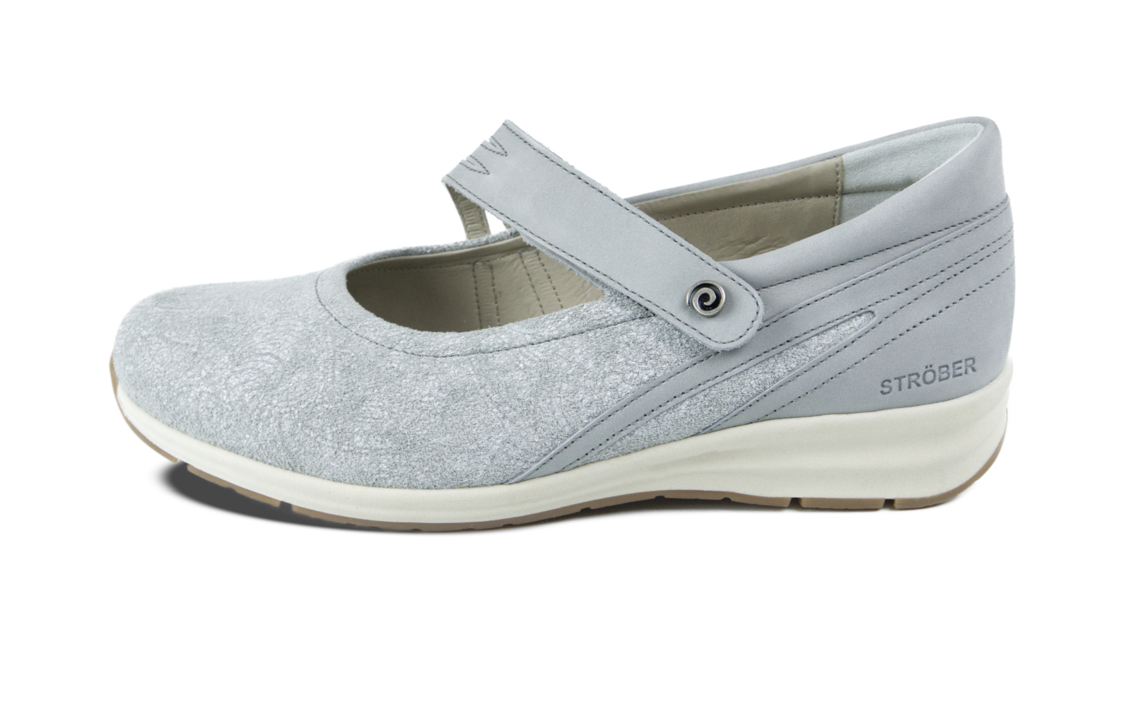 CORINNE Nubuk+Velour in lightgrey, seitlich von unten fotografiert, zeigt das elegante Design und die hochwertigen Materialien des Schuhs.
