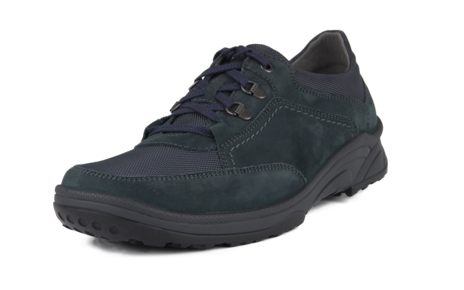 Schwarze SAEL TEX Nubuk+Mesh Schuhe in midnight+asphalt, seitlich auf einem hellen Untergrund platziert, ideal für Alltag und Freizeit.