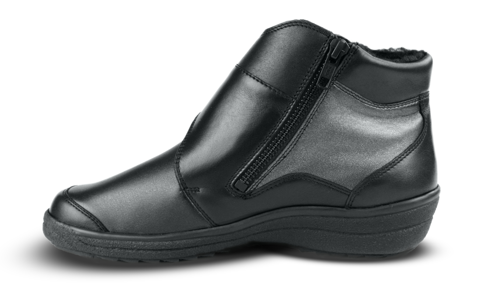 Der Schuh STEFFI Nappa+StretchPerlato in schwarz+lava ist elegant und modern, auf einem neutralen Hintergrund präsentiert.