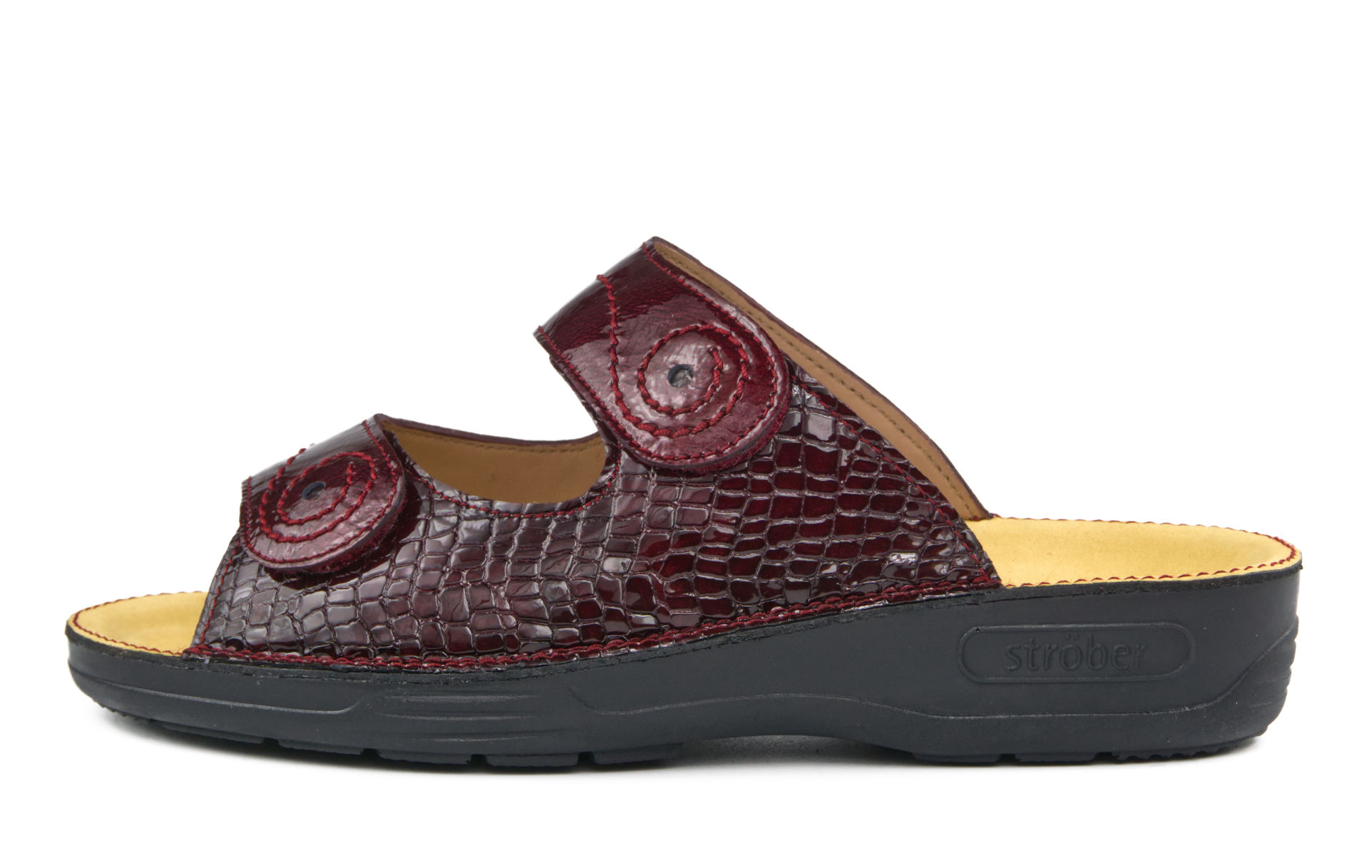 Die Schuhe ANNA Lack+KrokoLack in bordeaux stehen auf einem neutralen Hintergrund und heben sich durch ihr glänzendes Finish hervor.