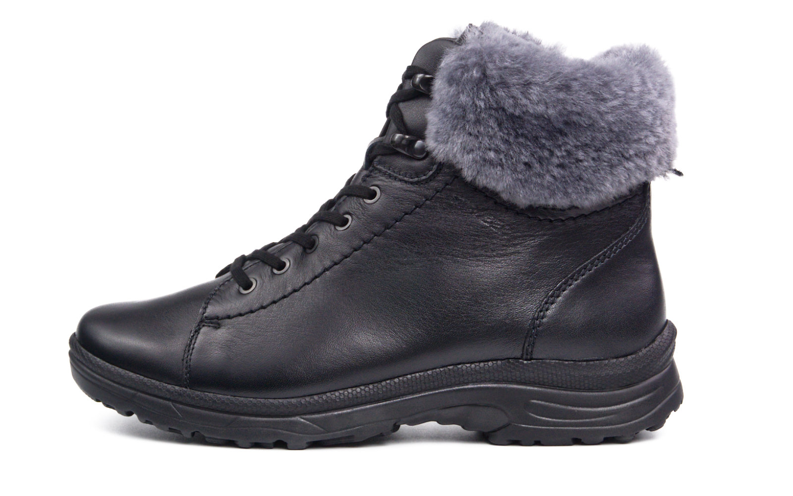 69070H3_1_1.jpg RONJA Nappa in schwarz, Lammfell, Winterstiefelette, schwarzes Leder, Kunstfellbesatz, Schnürung, Profilsohle