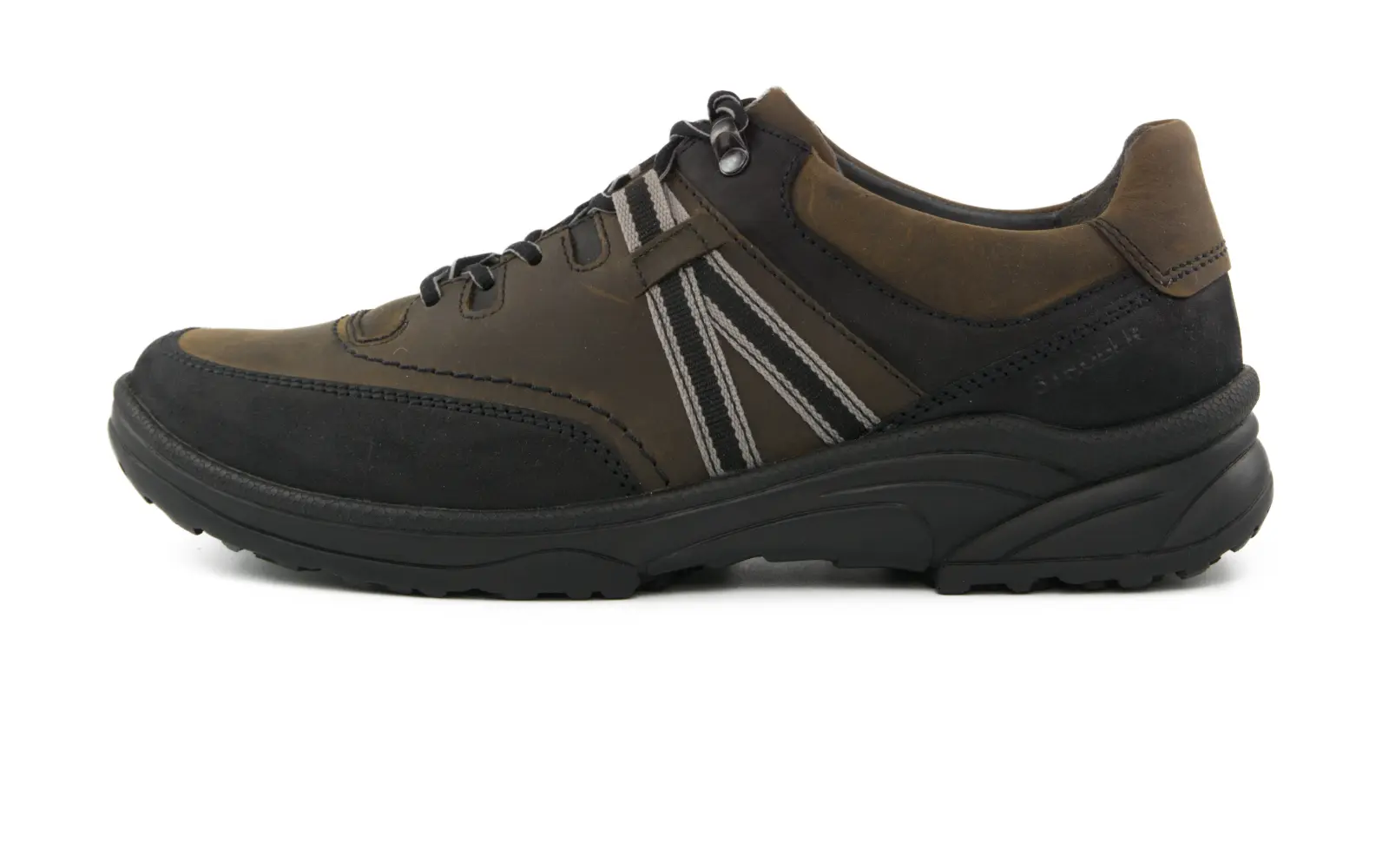 SAMIR Fettnubuk Schuh in Schwarz und Ebony-Braun, seitlich auf einer neutralen Fläche abgebildet. Hohe Qualität und elegantes Design.