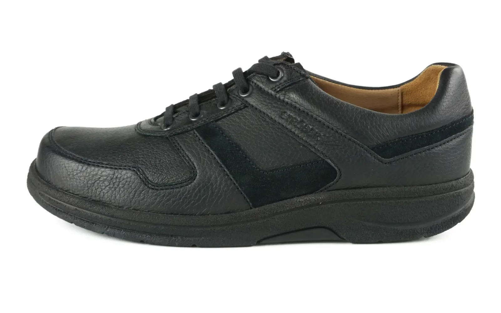 Schwarz MARIAN Hirsch + Fettnubuk Schuh, seitliche Ansicht auf hellem Hintergrund, elegantes Design mit hochwertiger Verarbeitung.