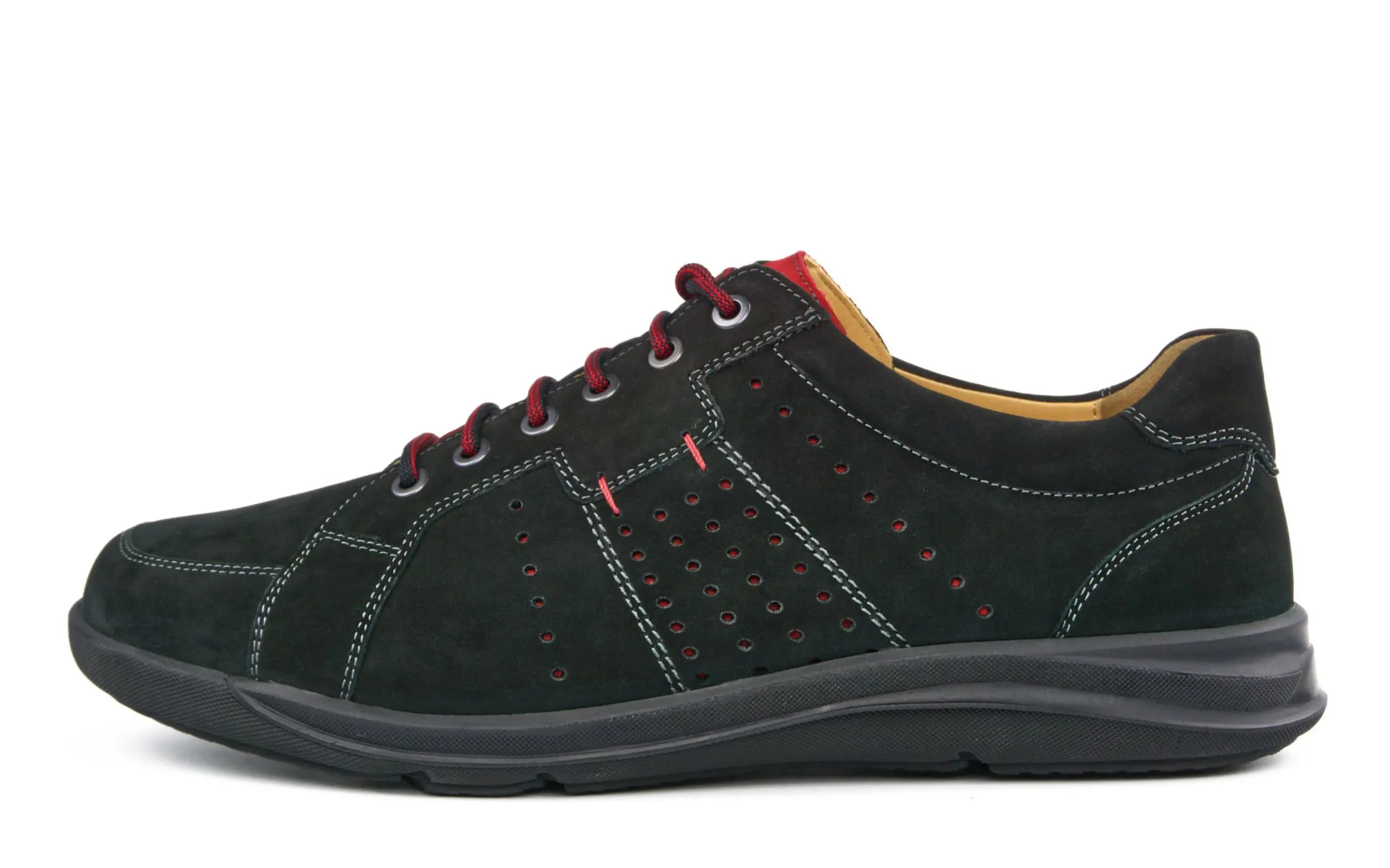 Schwarze und rote PASCAL Nubuk-Schuhe von der Seite betrachtet, mit eleganter Sohle und trendigem Design. Ideal für lässige Outfits.