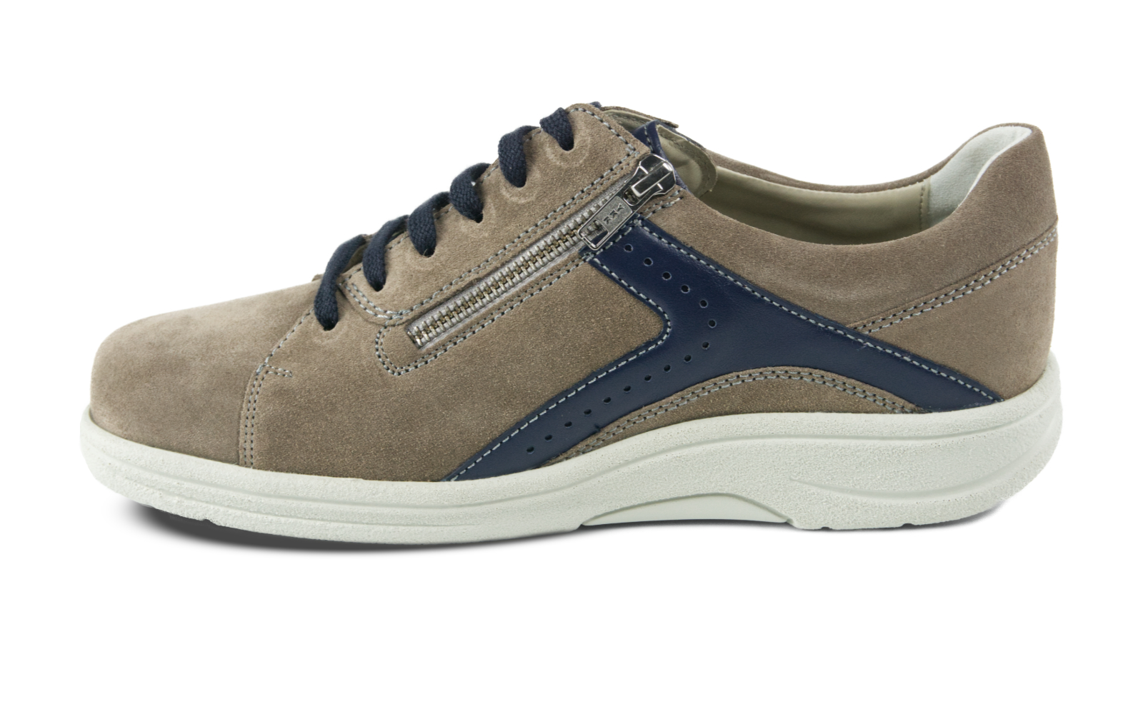 MALIO Velour in erde+marine, seitliche Ansicht der Schuhe auf einem neutralen Hintergrun. Elegantes Design mit einer Kombination aus erdigen und marinen Farbtönen.