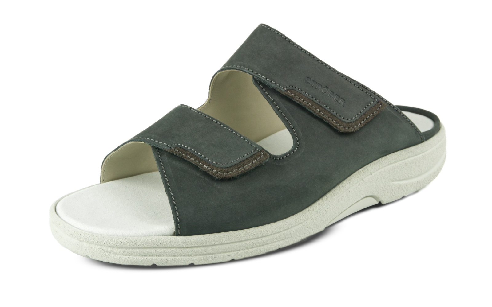Der MORITZ Nubuk Schuh in granit steht elegant auf einem hellen Hintergrund, mit detaillierter sichtbarer Textur und robustem Design.