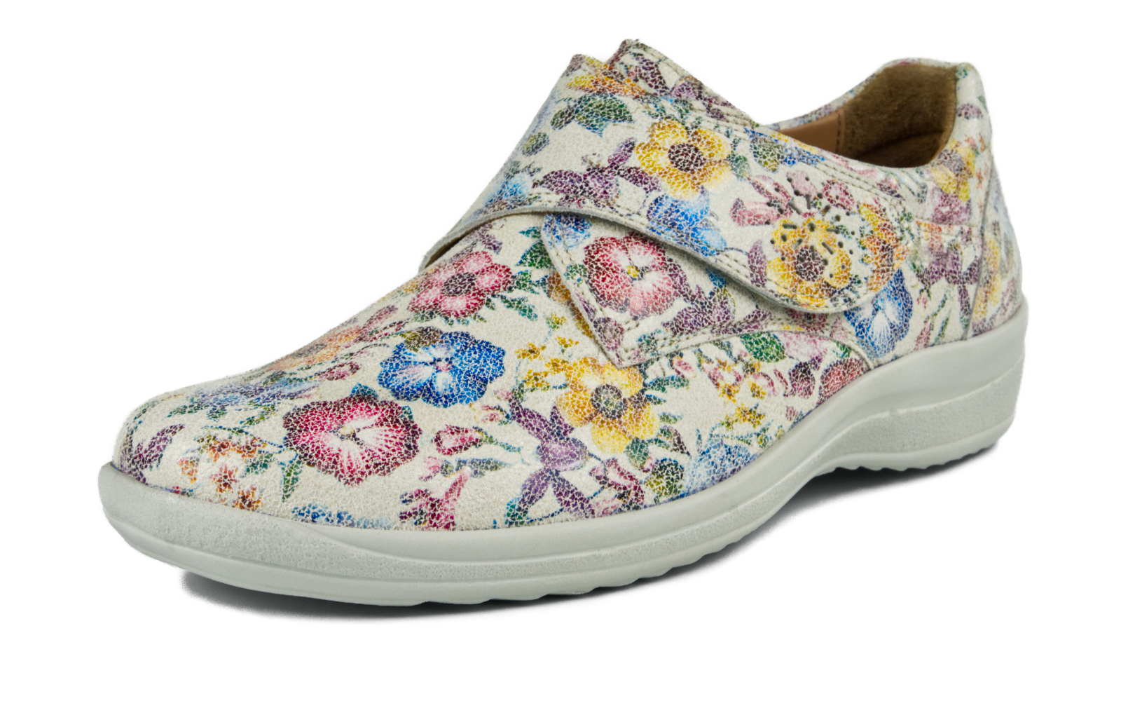 Der MARLA VelourFlower Schuh in ice ist seitlich abgebildet, mit einem eleganten Veloursmaterial und floralem Design.