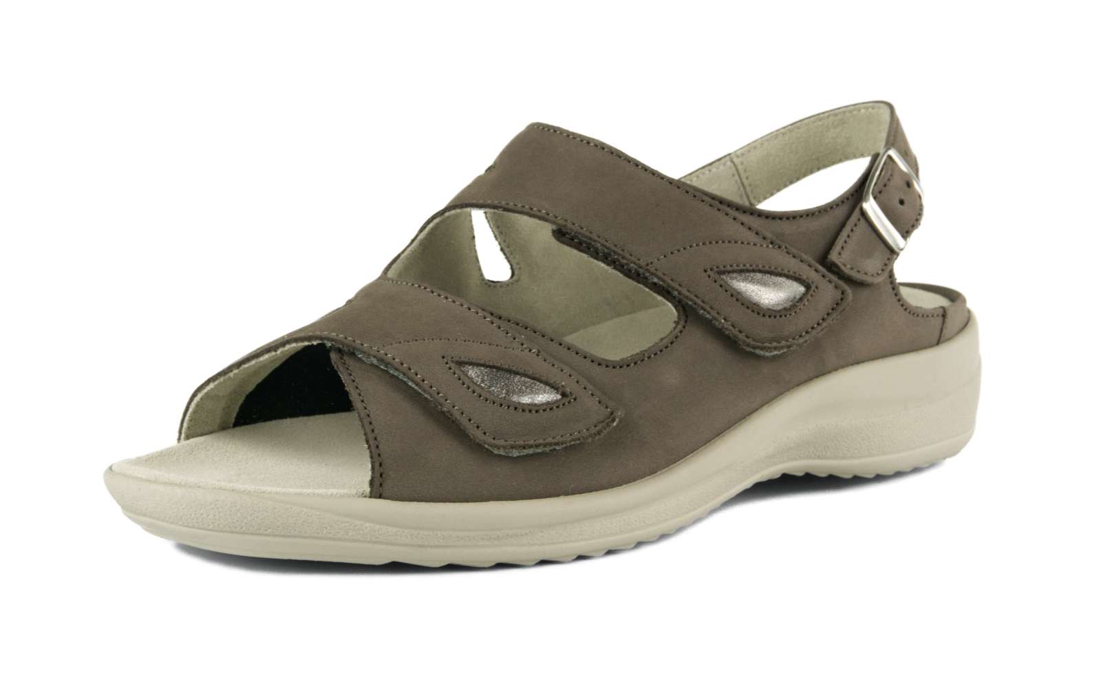 Der HELGA Nubuk+StretchUsed Schuh in Grau wird seitlich auf einem weißen Hintergrund präsentiert, mit betonten Texturen und eleganten Linien.