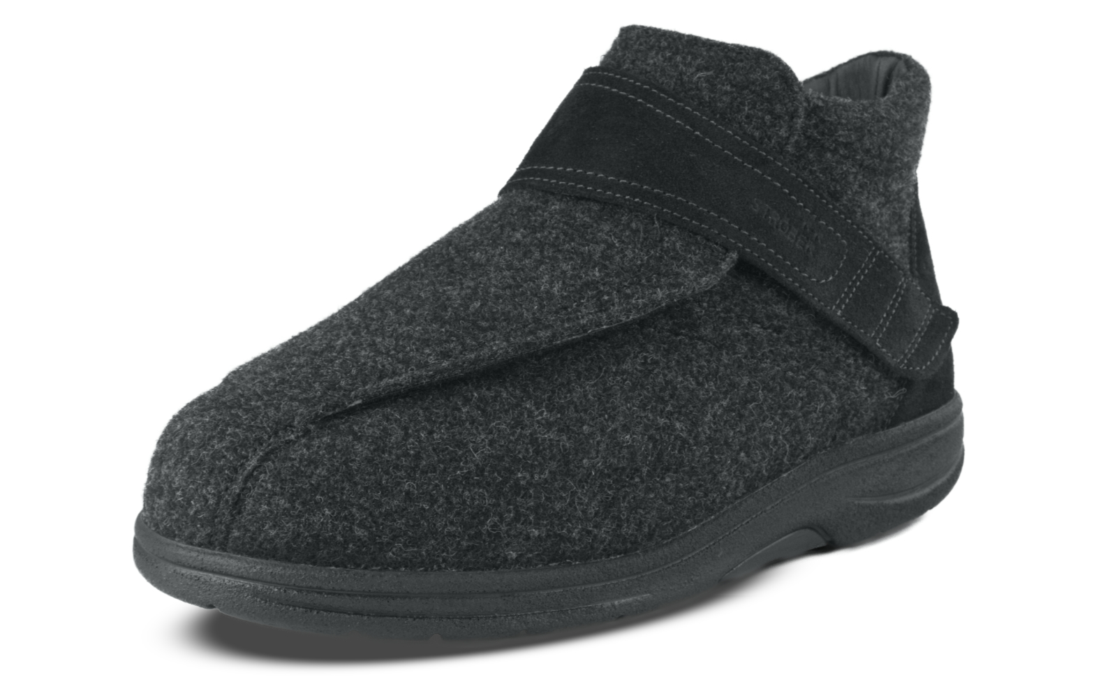 Der Schuh MERTEN Filz+Velour in anthrazit+schwarz zeigt eine moderne, bequeme Silhouette mit einer Kombination aus Filz und Velour.