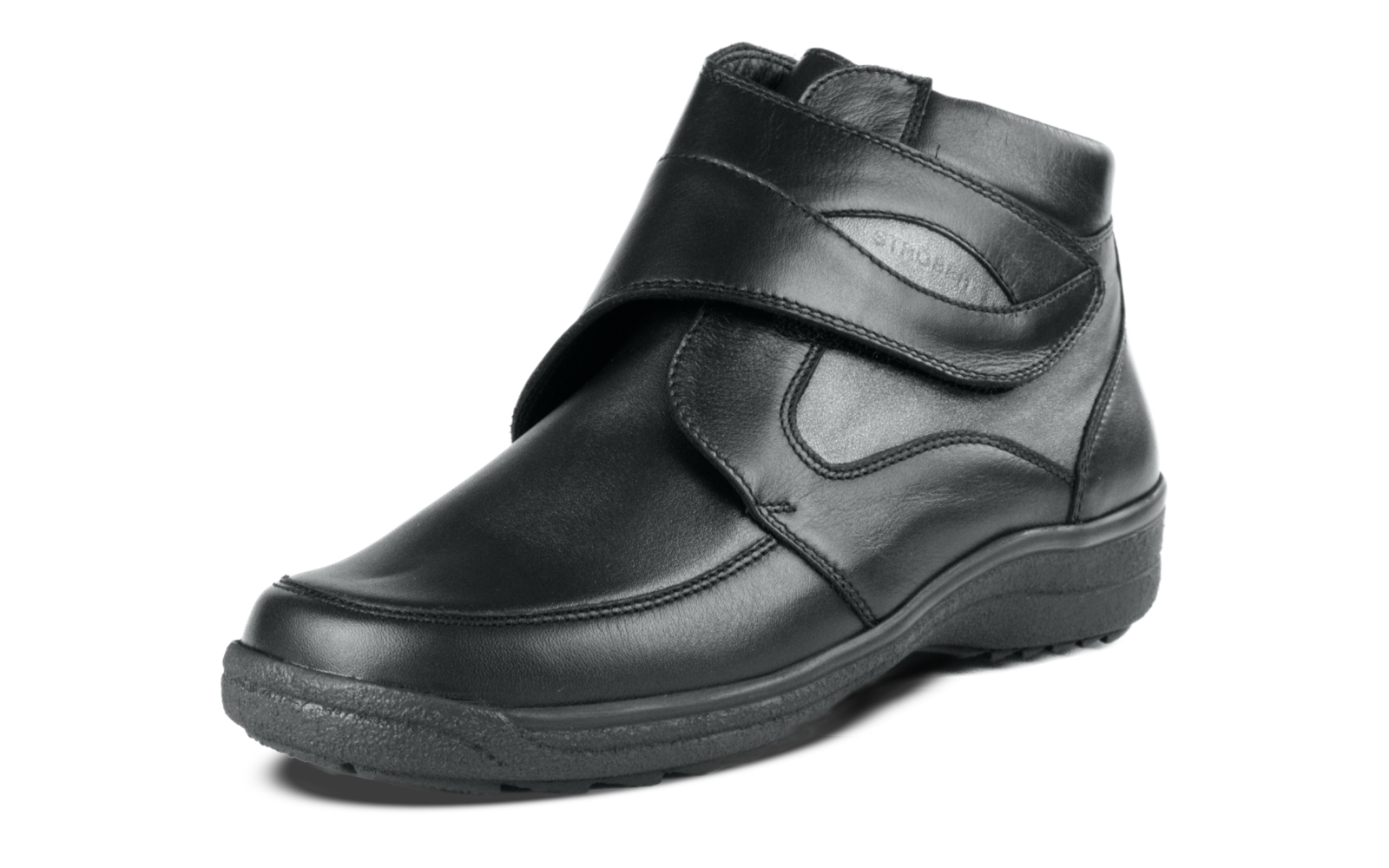 Schwarzer STEFFI Nappa+StretchPerlato Schuh mit eleganten Details, seitlich positioniert auf neutralem Hintergrund.