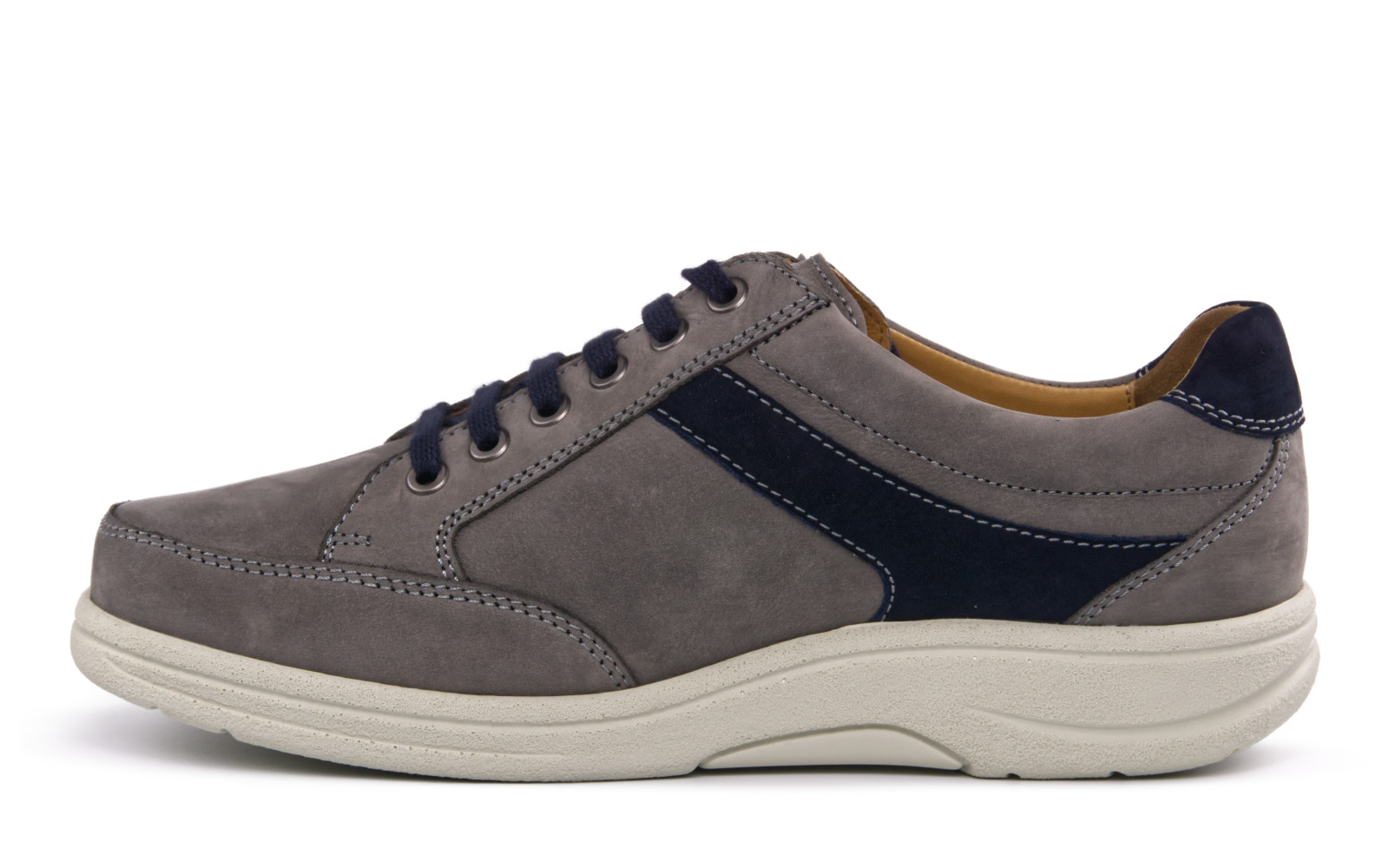 MALCOLM Nubuk Schuh in Grau und Marine, seitlich auf einem hellen Untergrund präsentiert. Ideal für lässige und stilvolle Outfits.