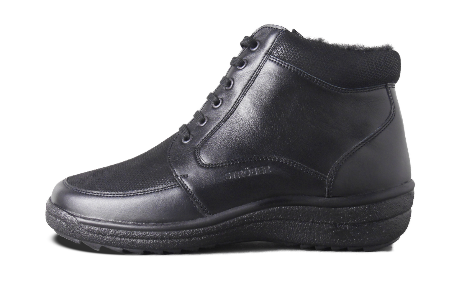 73094K_1+910_1.jpg schwarzer Stiefel, Schnürstiefel, Lederoptik, Textileinsätze, Profilsohle