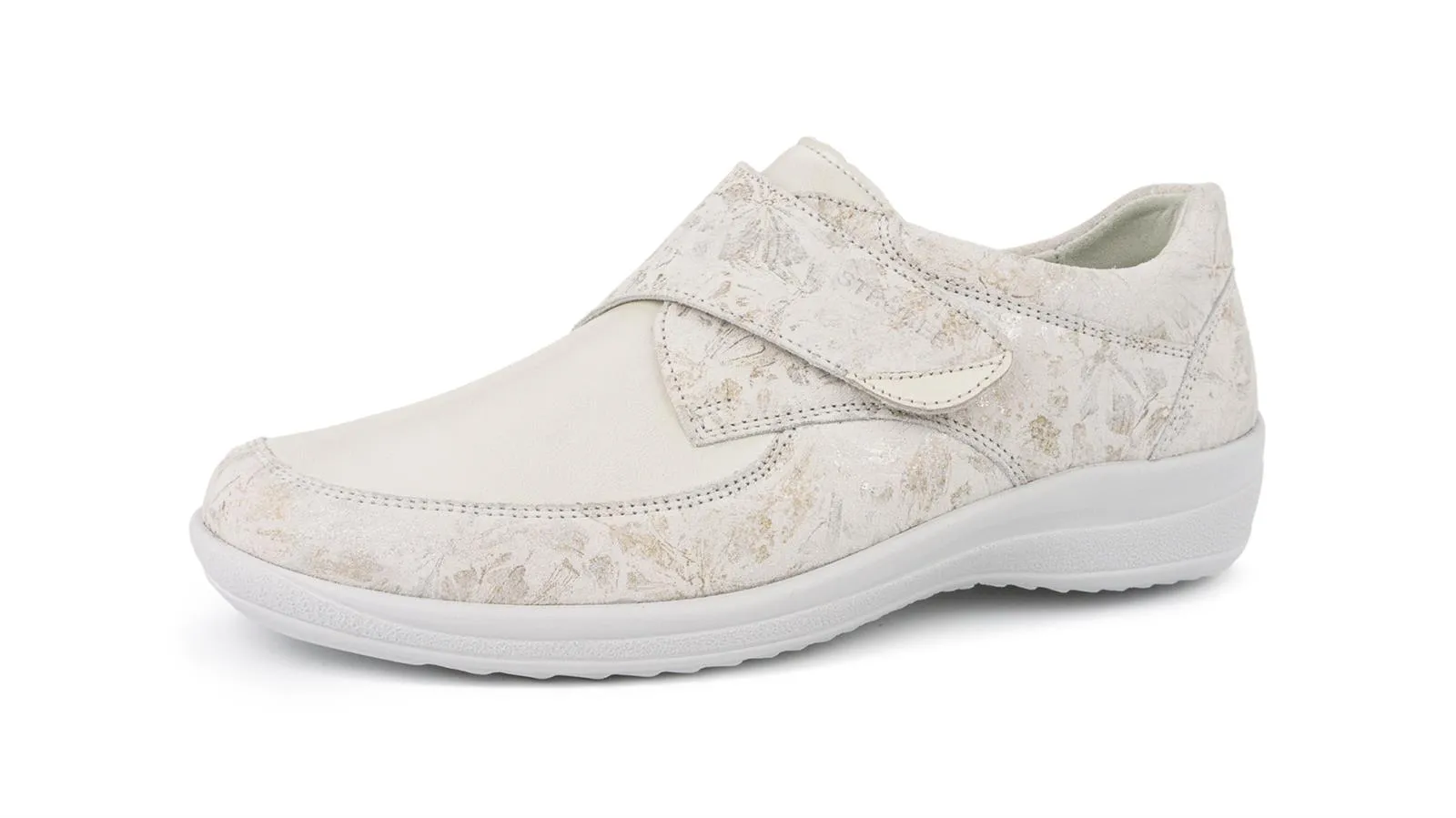 MURIEL Velour Stretch in bianco perle, elegant auf einem weißen Hintergrund platziert, zeigt die weiche Textur und den modernen Stil des Schuhs.
