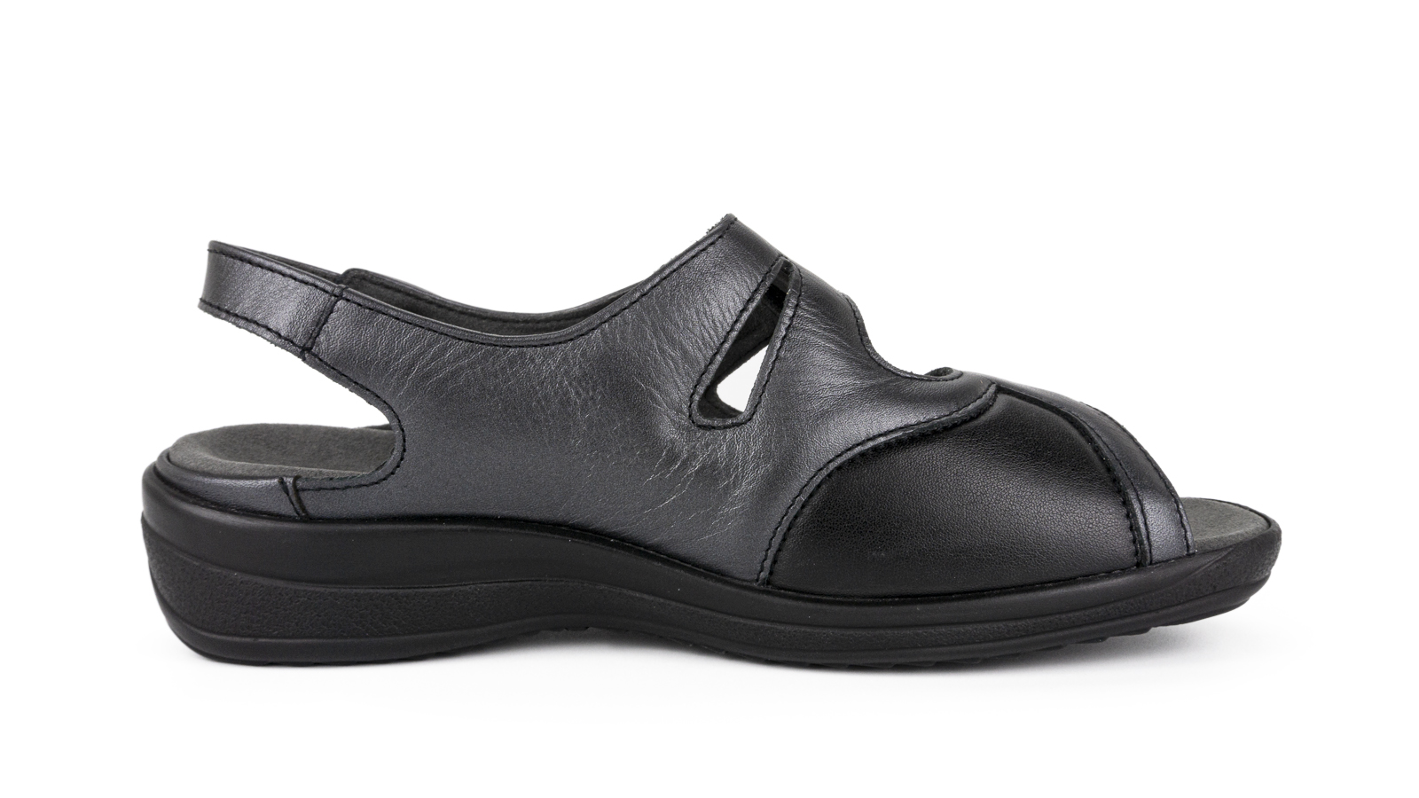 Schwarze HELGA Schuhe aus Perlato und StretchNappa, seitlich auf einem neutralen Hintergrund positioniert. Elegant und komfortabel.