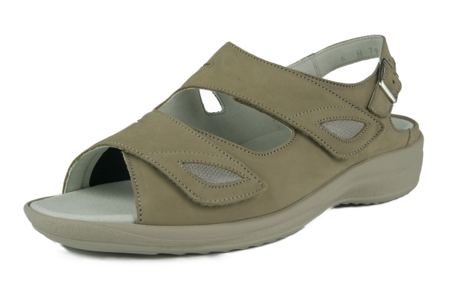 Der HELGA Nubuk+StretchTetra Schuh in stein+marmor steht auf einem weißen Hintergrund und zeigt seine elastischen und hochwertigen Materialien.