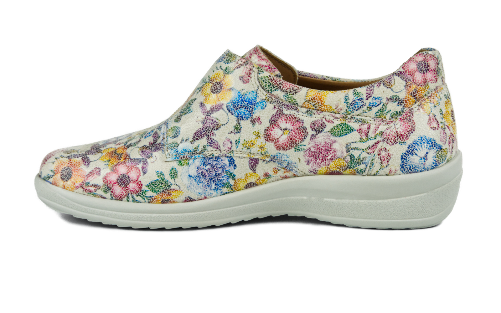 Der MARLA VelourFlower Schuh in ice zeigt ein elegantes Design mit floralem Muster und weichem Veloursmaterial auf einem weißen Hintergrund.
